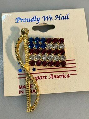 Rafaelian American Flag Red White Blue Stars Stripes Rhinestones Goldtone Pin